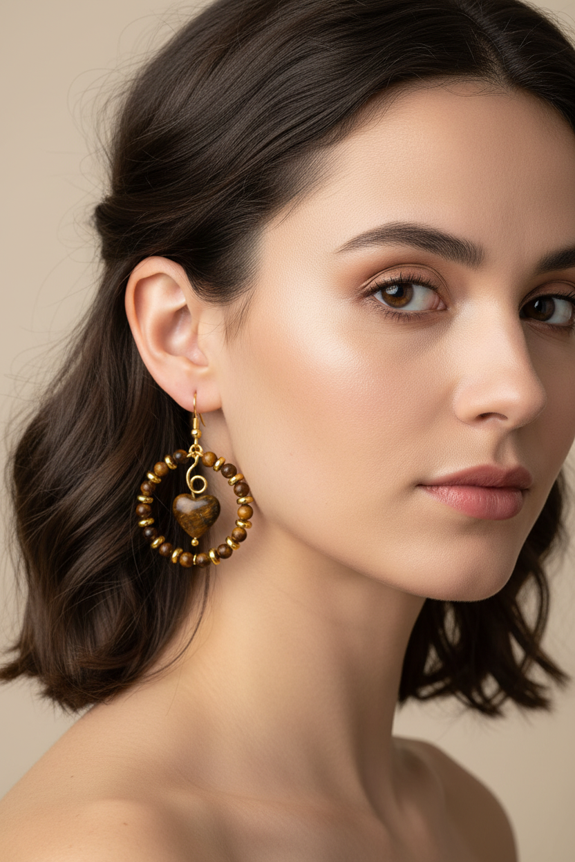 Tiger's Eye Heart Hoop Earrings