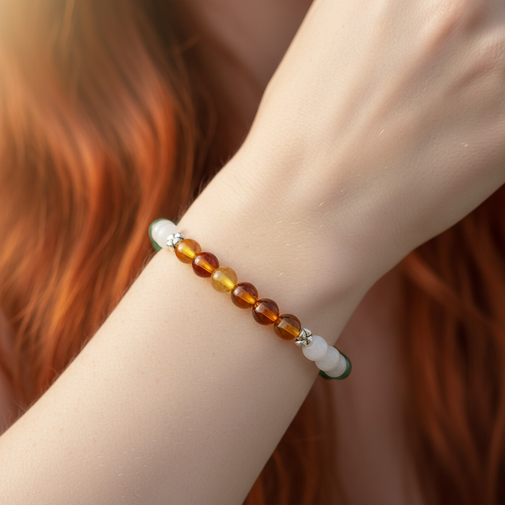 Lucky Clover Carnelian &amp; White Jade Bracelet