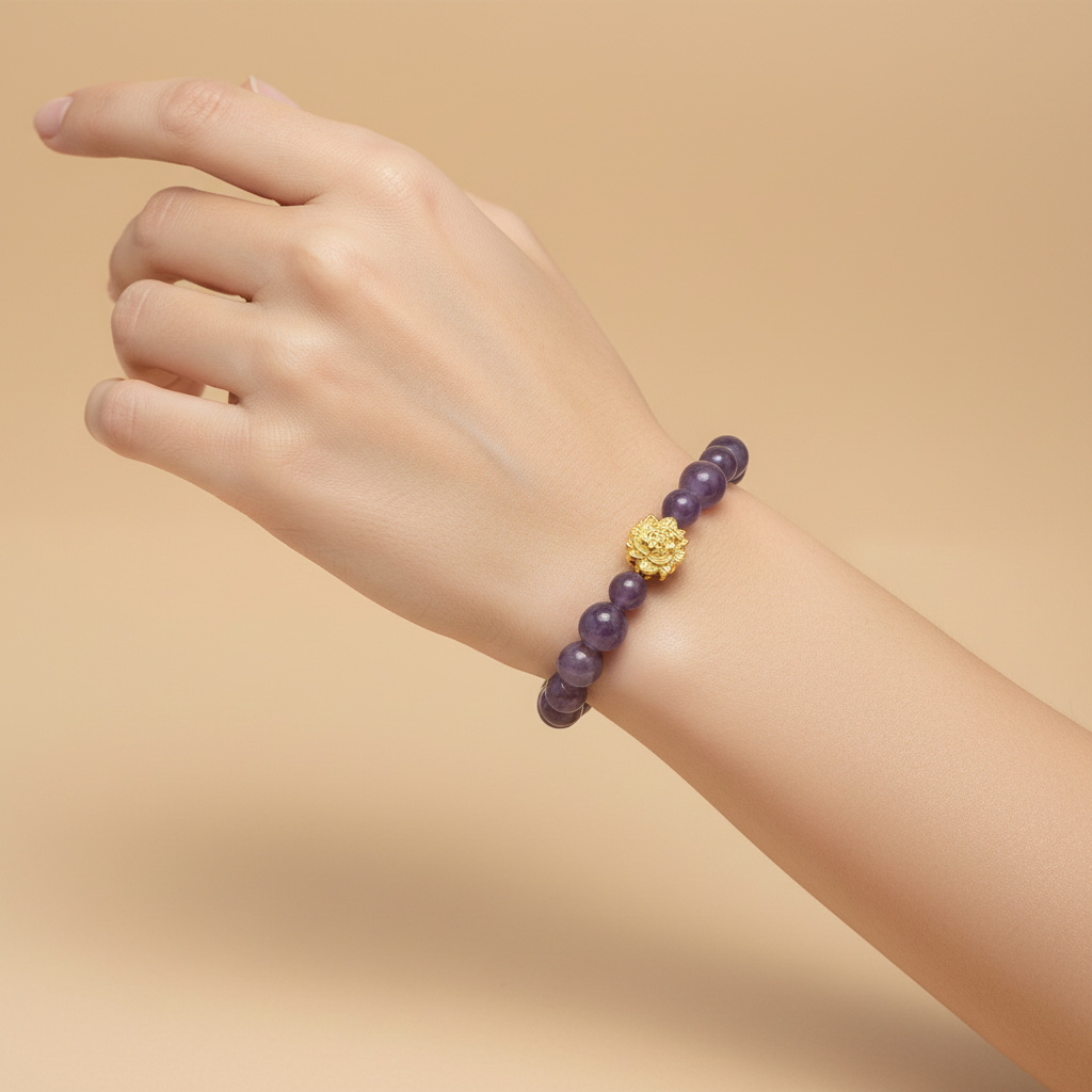 Harmony Lepidolite Bead Bracelet with Lotus Charm