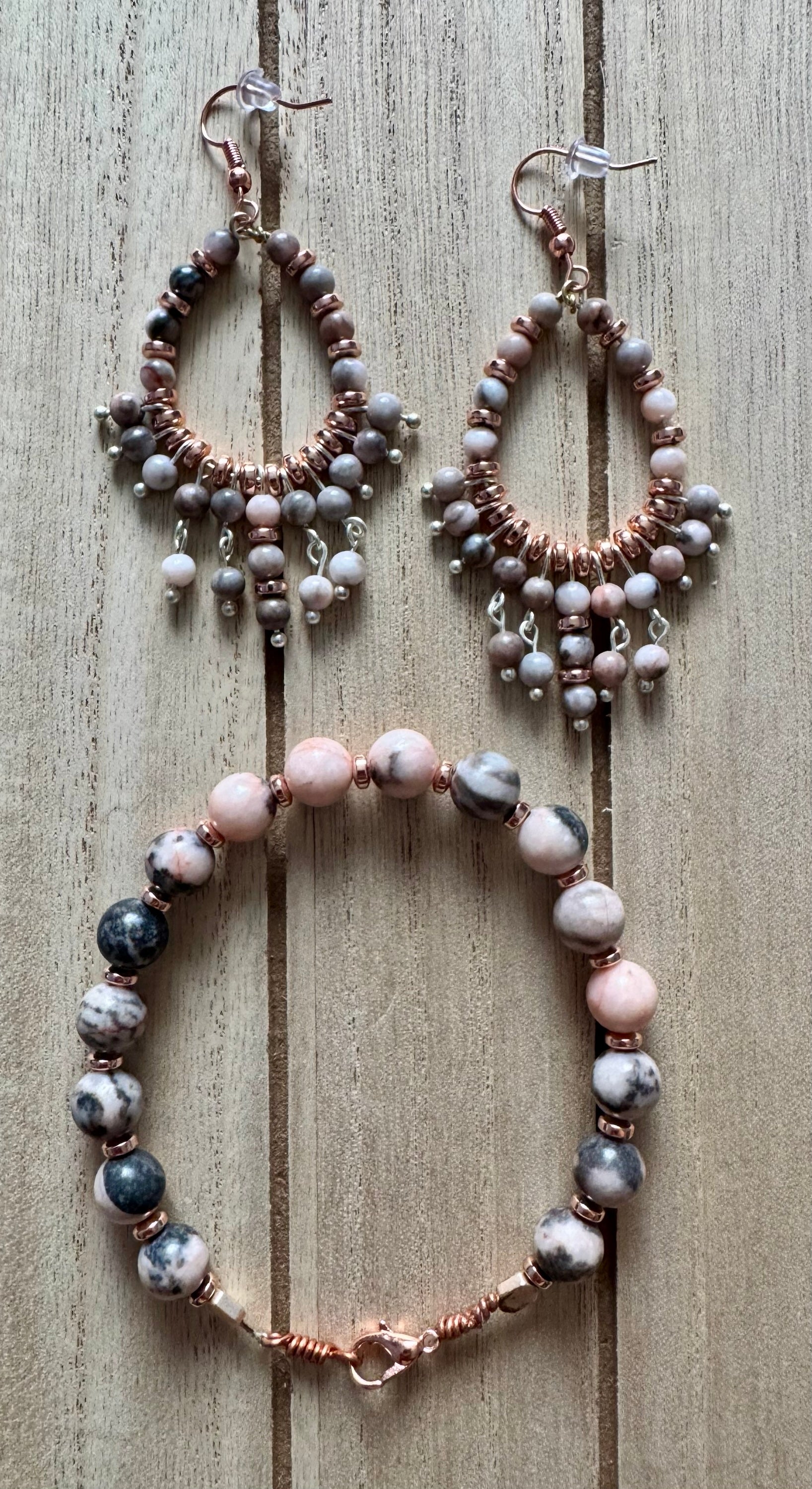Pink Zebra Jasper Hoop Earrings and Bracelet Set image 0